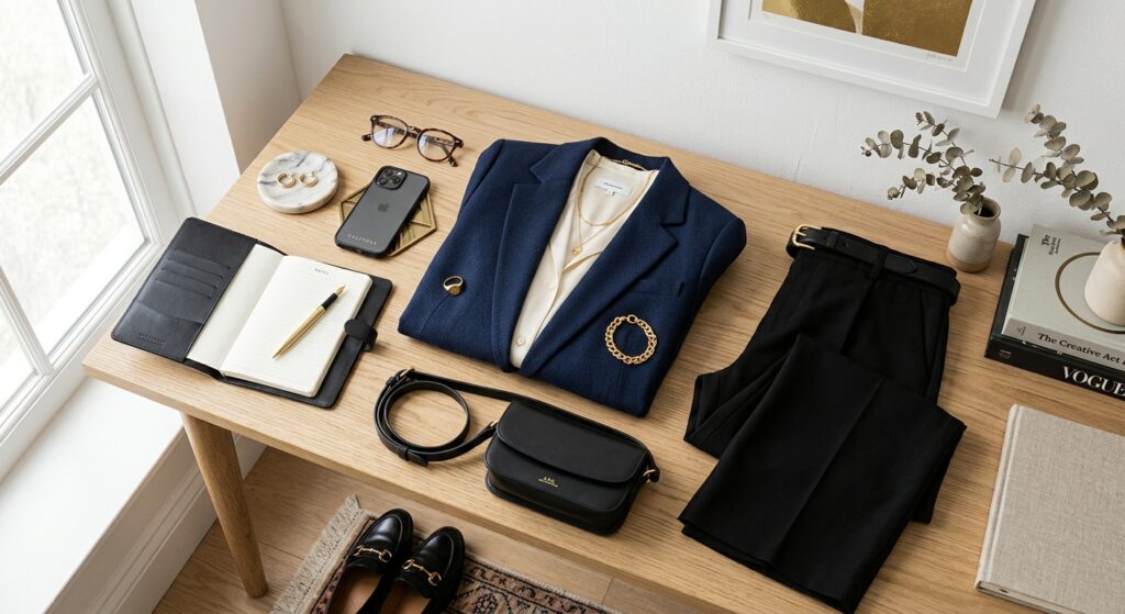 A chic, flat-lay arrangement of a modern professional outfit with a blazer, gold accessories, and a