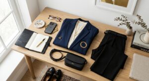 A chic, flat-lay arrangement of a modern professional outfit with a blazer, gold accessories, and a