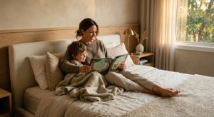 A warm, sophisticated editorial-style shot of a mother sitting in a cozy, stylish bedroom reading a