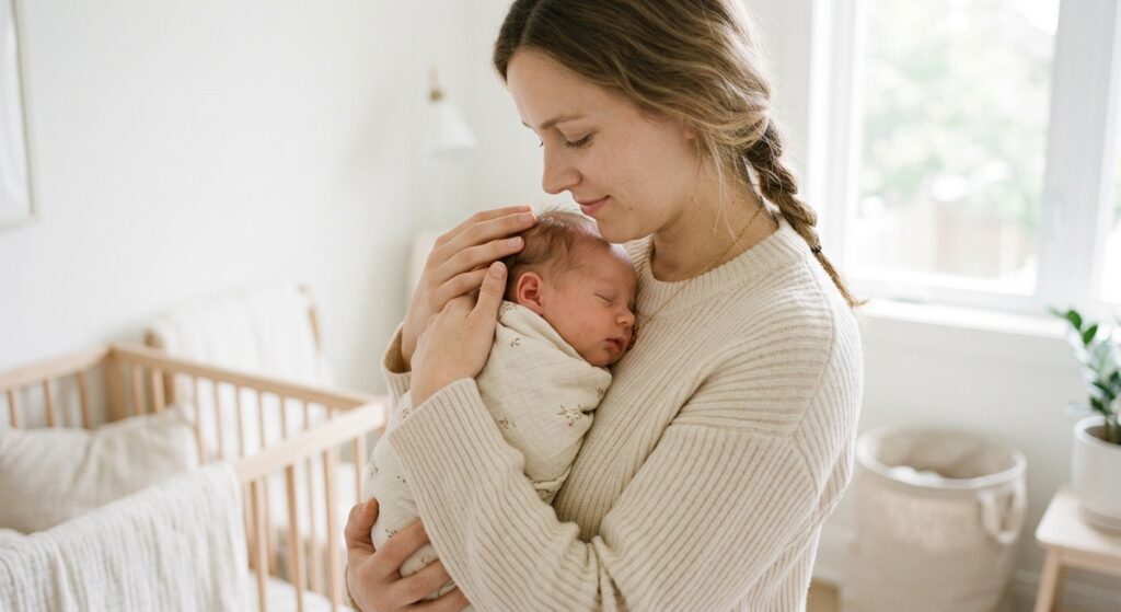 A soft-focus, editorial-style close-up of a mother gently cradling her serene newborn in a sunlit, m
