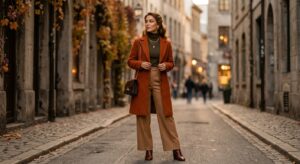 A high-end editorial fashion shot featuring a stylish woman with warm undertones wearing rich, earth
