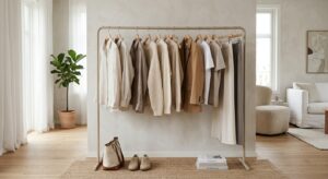 A minimalist, editorial-style photograph featuring a carefully curated selection of neutral-toned cl