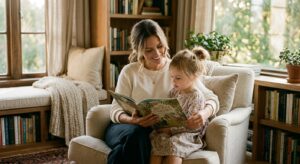 A professional, editorial-style photograph of an elegant woman sitting in a cozy, sunlit reading noo
