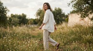 A high-end editorial shot of a woman in a minimalist white linen shirt walking through a sunlit, air