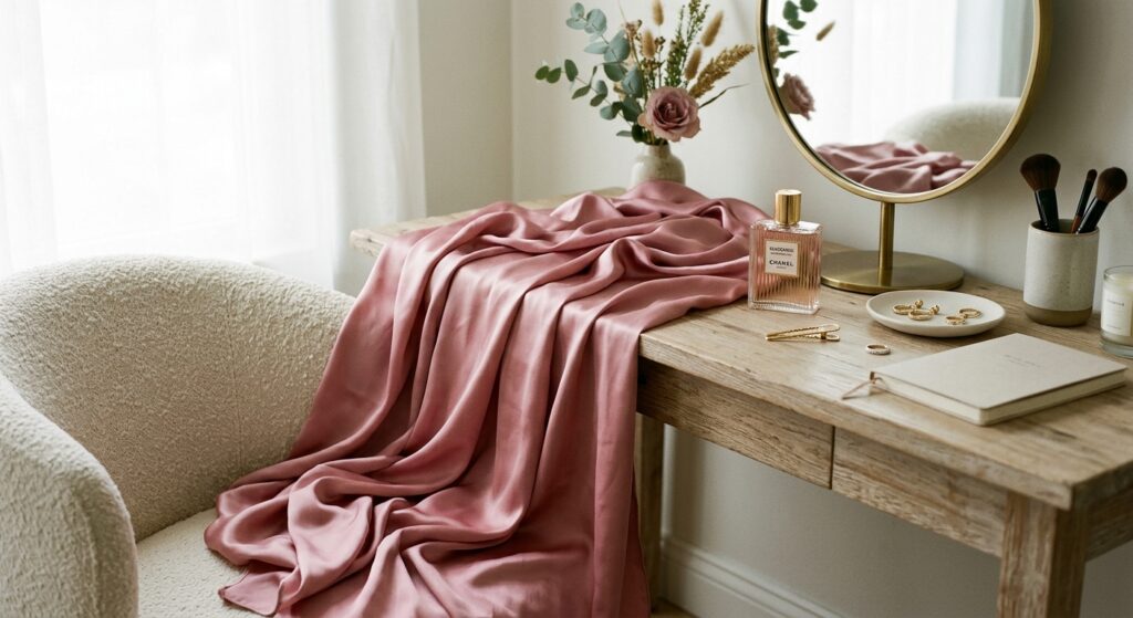 A close-up, editorial-style photograph of a luxurious silk fabric draped elegantly near a minimalist