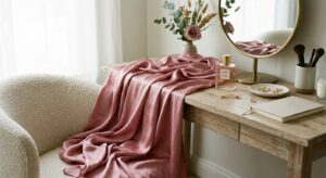 A close-up, editorial-style photograph of a luxurious silk fabric draped elegantly near a minimalist