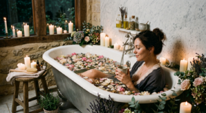 A serene, high-end editorial shot of a woman relaxing in a candlelit bathtub filled with flower peta