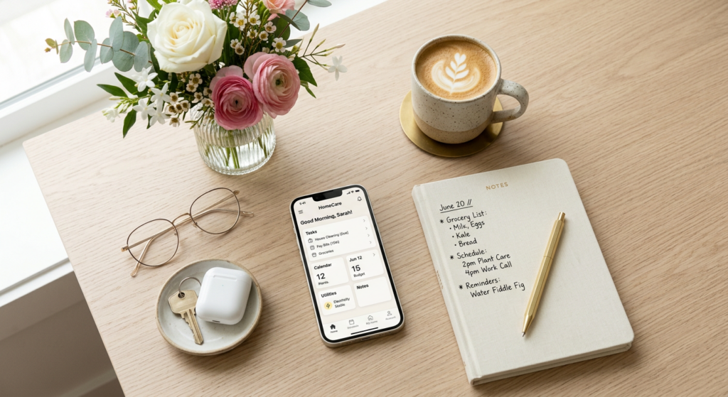 A stylish, minimalist workspace flat lay featuring a smartphone displaying a home management app, su