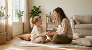 A warm, high-quality editorial shot of a mother sitting on a sunlit floor, engaged in a gentle, mind