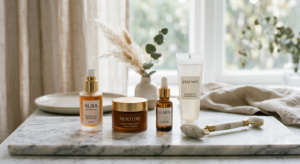 A high-end editorial shot of luxury skincare products arranged aesthetically on a marble surface, fe