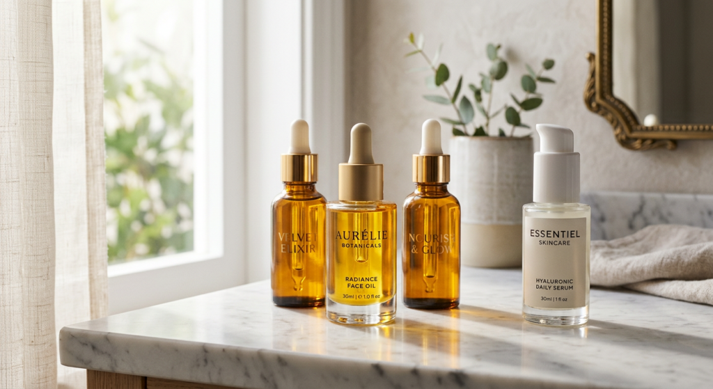 A high-end editorial shot of luxury glass dropper bottles containing golden botanical oils placed ne