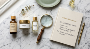 A professional editorial-style flat lay of aesthetic skincare bottles next to a magnifying glass and