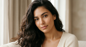 A high-end editorial close-up of a woman with healthy, glowing skin and shiny, thick hair, shot in s