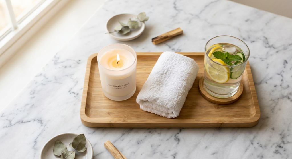 A minimalist, elegant flat lay featuring a bamboo tray with a lit candle, a soft white towel, and a
