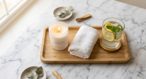 A minimalist, elegant flat lay featuring a bamboo tray with a lit candle, a soft white towel, and a