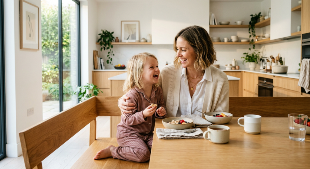A high-quality, editorial-style lifestyle photograph of a stylish mother and her child smiling toget