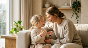 A high-quality, editorial-style photograph of a mother softly smiling and making eye contact while l