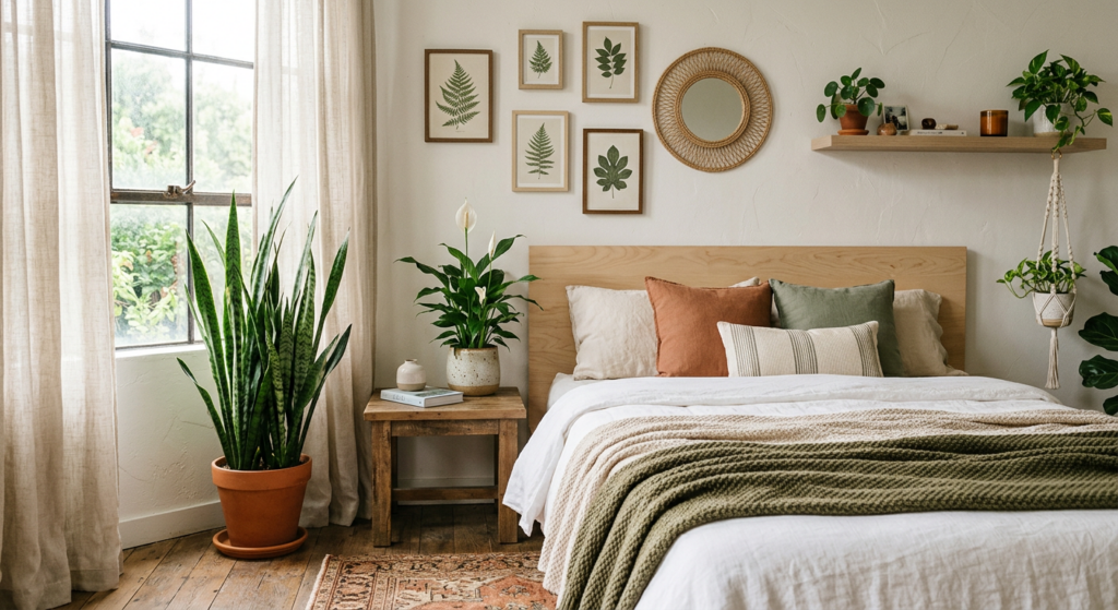 A professional, editorial-style interior photograph of a cozy, sunlit bedroom featuring lush, air-pu