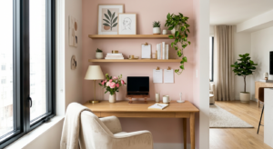 A stylish, organized home office nook in a bright, modern apartment with elegant feminine decor, sof