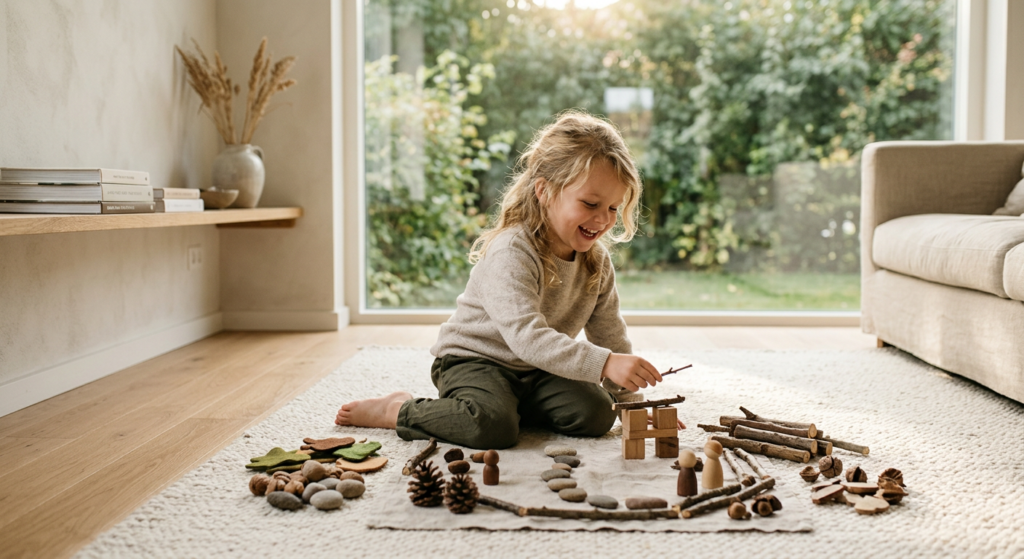 A high-quality, editorial lifestyle photograph of a happy child playing creatively with simple natur
