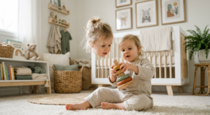 A soft-focus, editorial-style photograph of a curious toddler holding a wooden educational toy in a