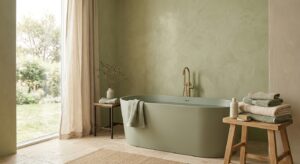A serene, editorial-style interior room featuring a minimalist bathtub and soft towel palette, illum